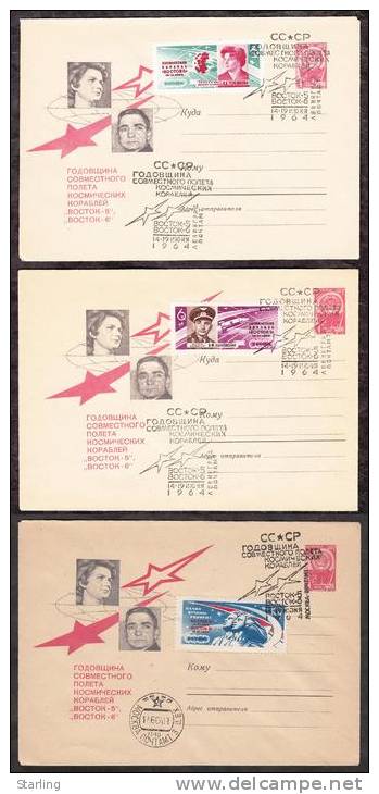 Russia USSR 1964 Space Anniversary Of The Flight Vostok-5 & Vostok-6 Full Set - 3 Covers 9,5 - Lettres & Documents