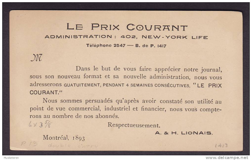 Canada Postal Stationery Ganzsache LE  PRIX COURANT Private Print Post Card 1 C. Queen Victoria 1893 - 1860-1899 Regering Van Victoria