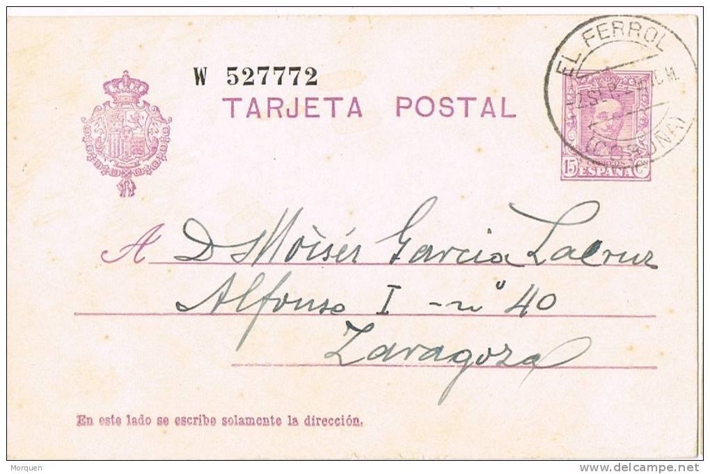 Entero Postal EL FERROL (Coruña) 1929. Alfonso XIII - 1850-1931