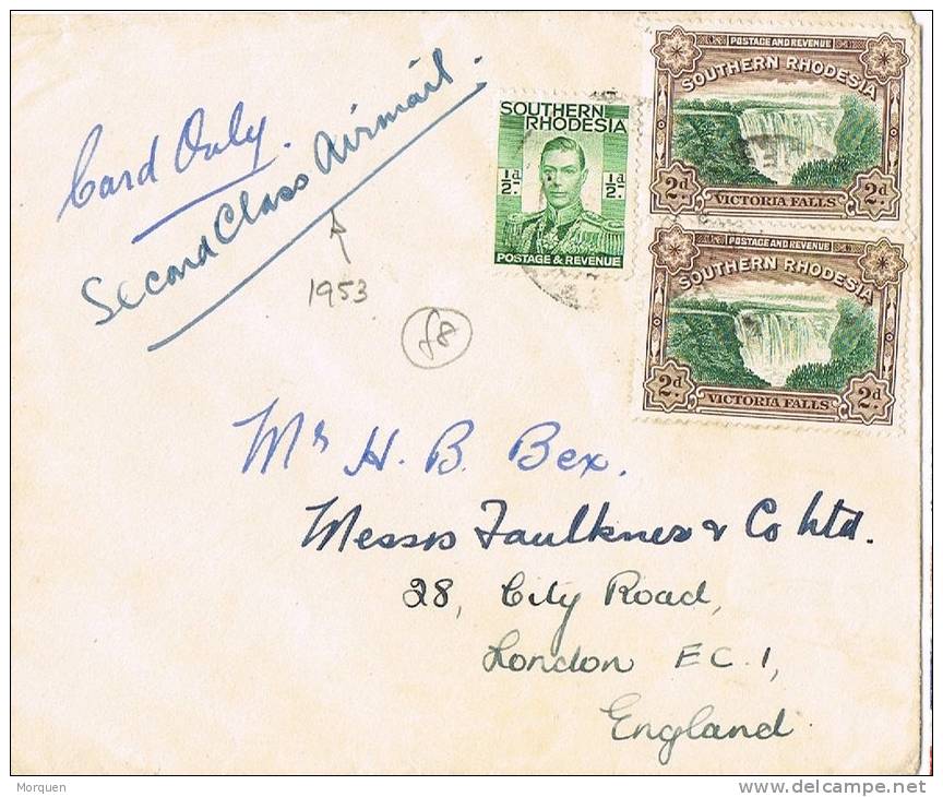 2099. Carta Aerea SOUTHERN RHODESIA 1953. Secon Classe Airmail - Rhodésie Du Sud (...-1964)