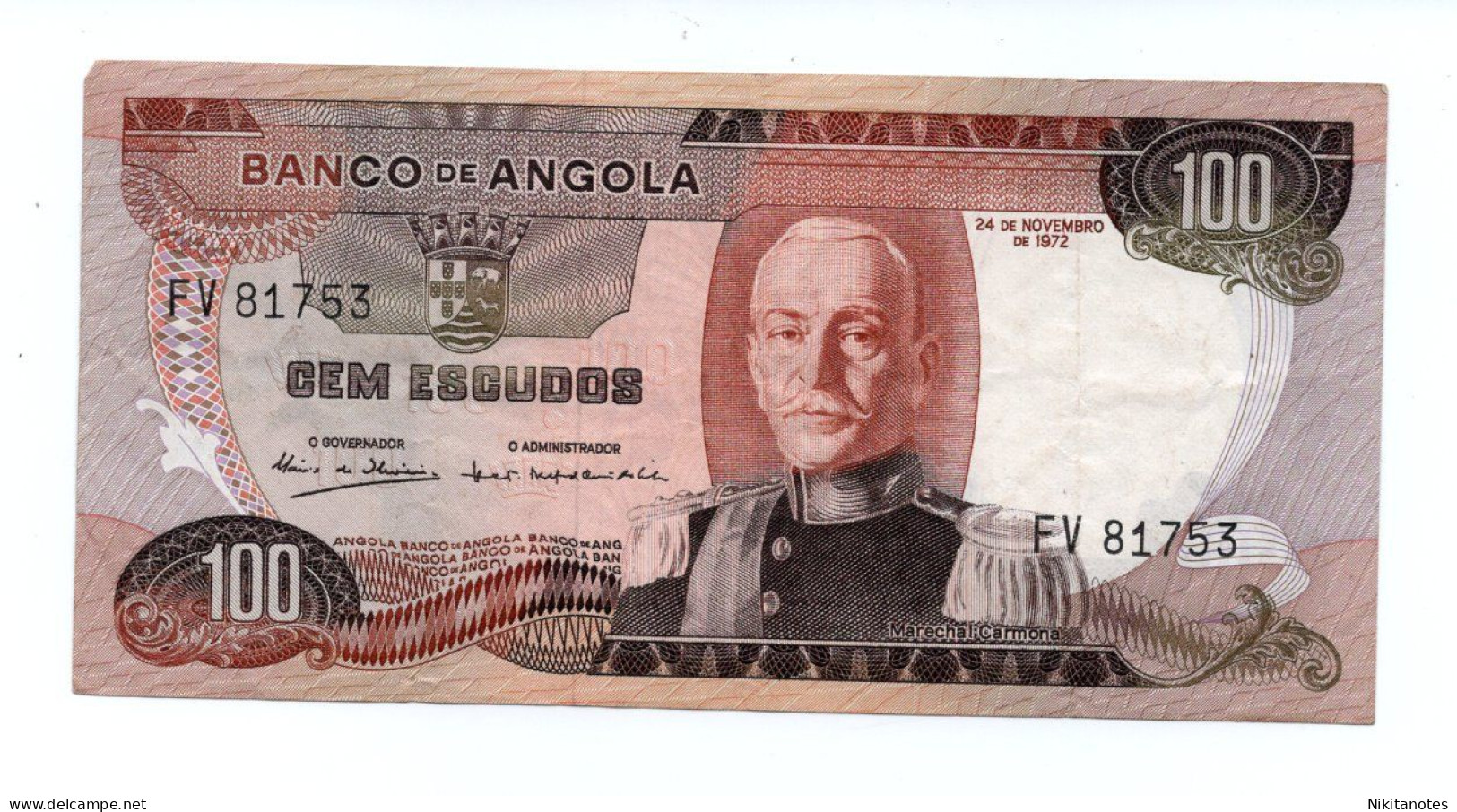 1972 Angola 100 Escudos Marechal Carmona Banknote - Angola