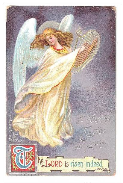 Clapsaddle Easter Postcard, Beautiful Blonde Angel Plays Harp - Angeli