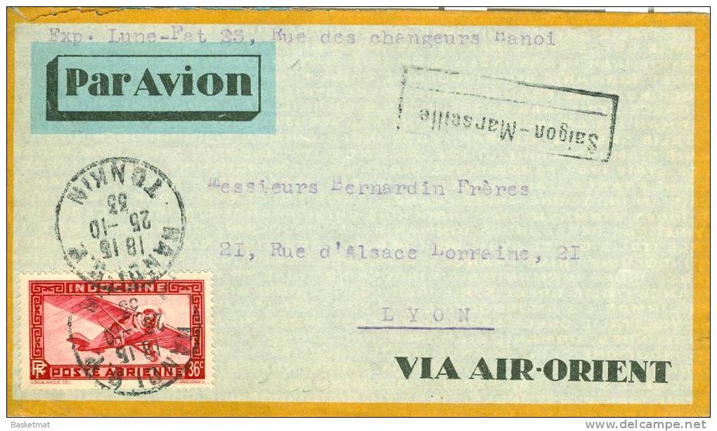 LIGNE SAIGON MARSEILLE 25/10/1933  CACHET HANOI - Airplanes