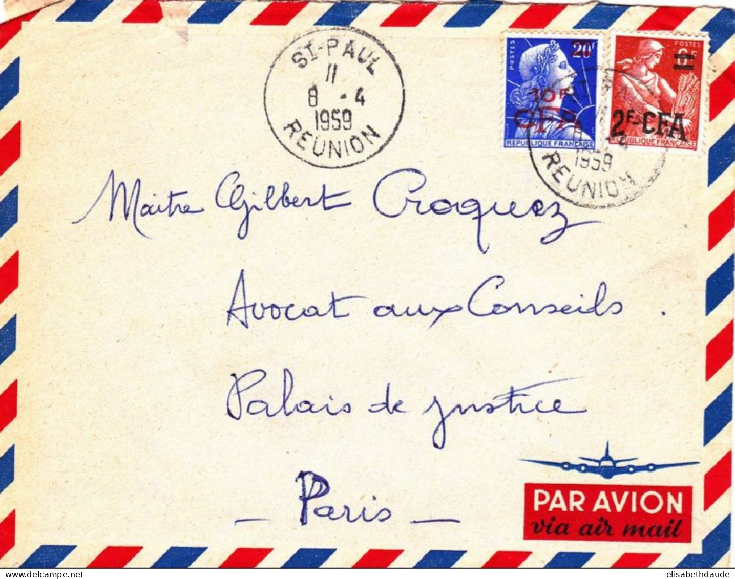 REUNION - 1959 - ENVELOPPE Par AVION De SAINT PAUL Pour PARIS - Brieven En Documenten