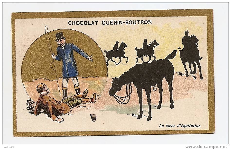 Chromo Dorée Chocolat Guérin Boutron Imp. Champenois Paris Ombres Chinoises Leçon équitation Cheval A12-04 - Guérin-Boutron