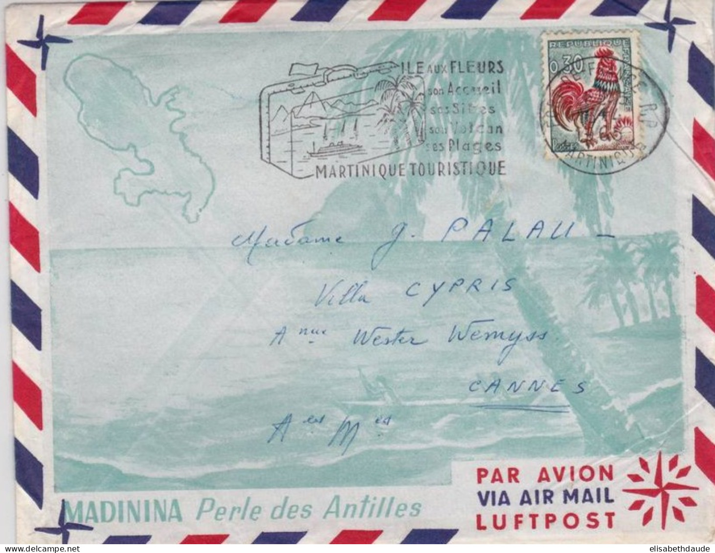 MARTINIQUE - 1965 - COQ DE DECARIS Sur ENVELOPPE DECOREE PAR AVION De FORT DE FRANCE - Cartas & Documentos