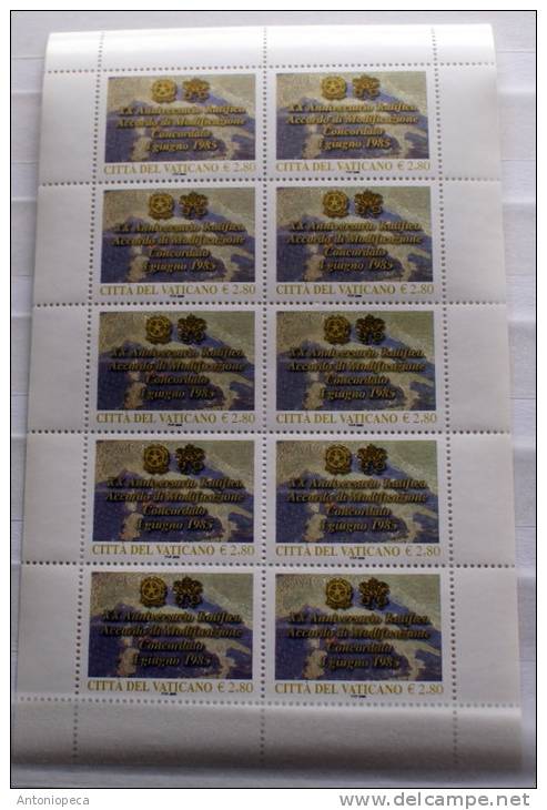 VATICAN 2005 - 2  SPLENDID SHEETS OF 10, 20 YEARS OFFICIAL AGRREMENT VATICAN - ITALY MNH** CV 81 - Unused Stamps