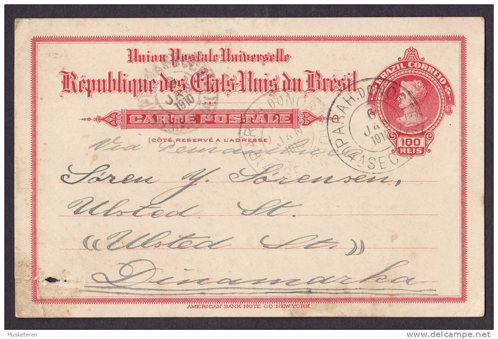 Brazil UPU Postal Stationery Ganzsache Entier 100 Reis PRAH. Do NORTE 1910 To ULSTED Dinamarca Denmark - Interi Postali