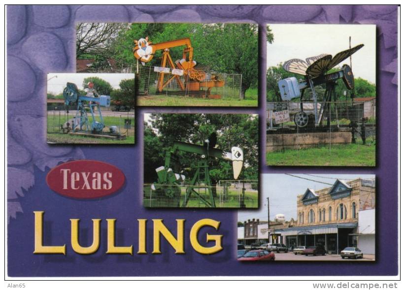 Luling TX Texas, Downtown View And Oil Wells Painted Like Tiger, Butterfly, Eagle On C1990s Vintage Postcard - Autres & Non Classés