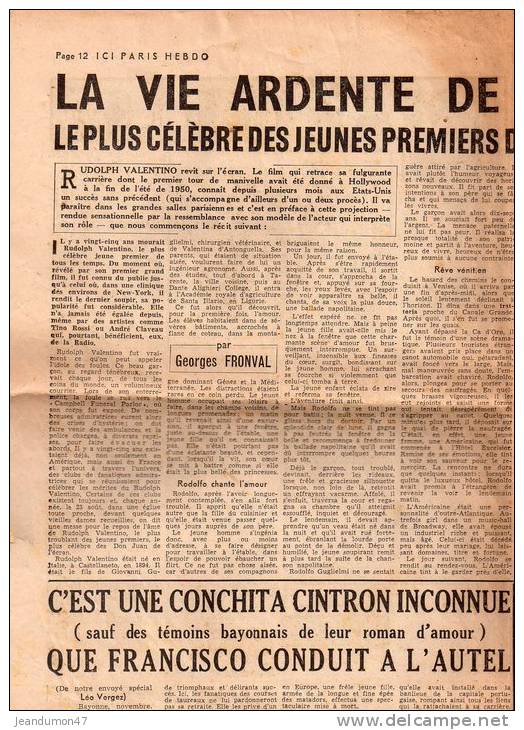 PAGE 12. ICI PARIS HEBDO DU 5 AU 11 NOV 1951. LA VIE ARDENTE DE RUDOLPH VALENTINO - Desde 1950