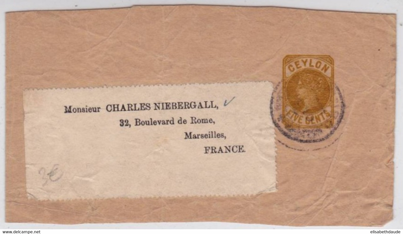 CEYLAN - VICTORIA - RARE FRAGMENT De BANDE JOURNAL Pour MARSEILLE - ENTIER POSTAL - Ceylon (...-1947)