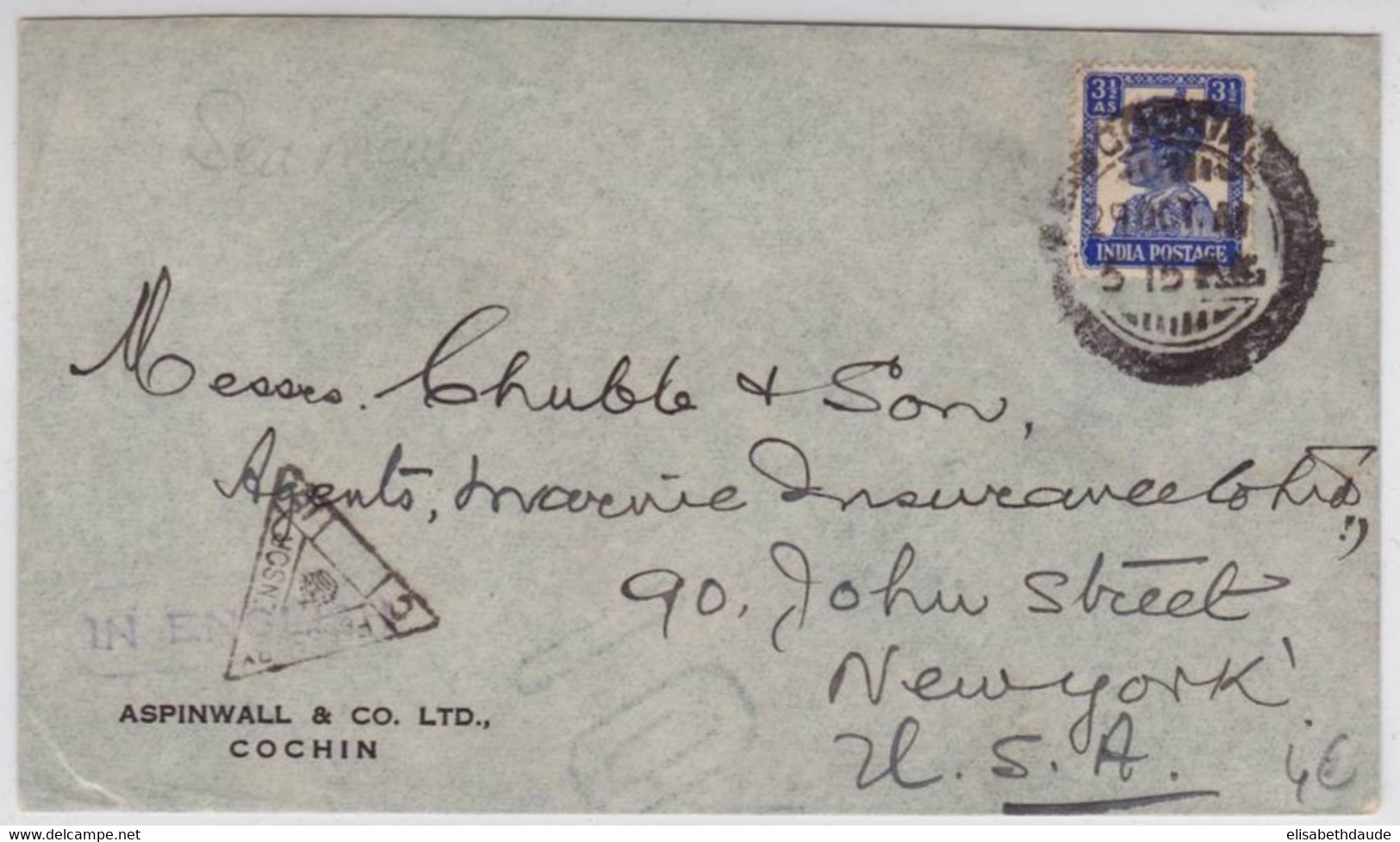 INDIA - 1941 - ENVELOPPE Avec CENSURE De COCHIN Pour NEW-YORK (USA) - 1936-47 Koning George VI