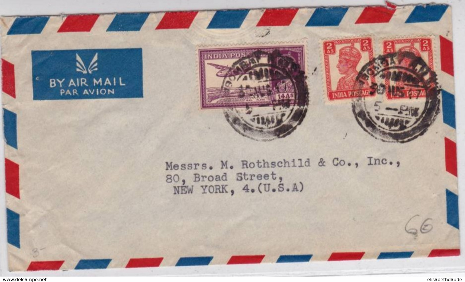 INDIA - 1947 - ENVELOPPE Par AVION De BOMBAY Pour NEW-YORK (USA) - POSTE AERIENNE - 1936-47  George VI