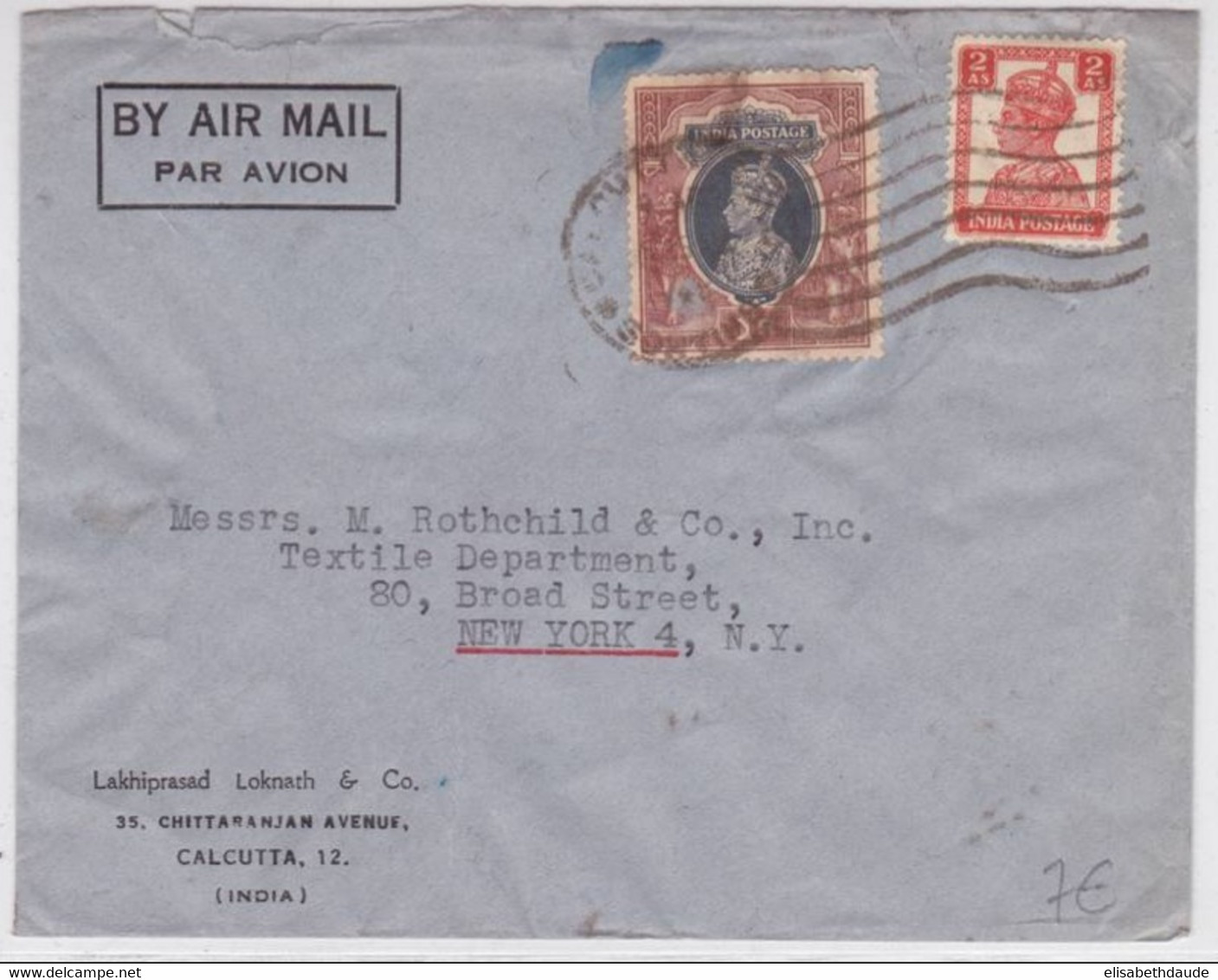 INDIA - 1948 - ENVELOPPE COMMERCIALE Par AVION De CALCUTTA Pour NEW-YORK (USA) - - 1936-47  George VI
