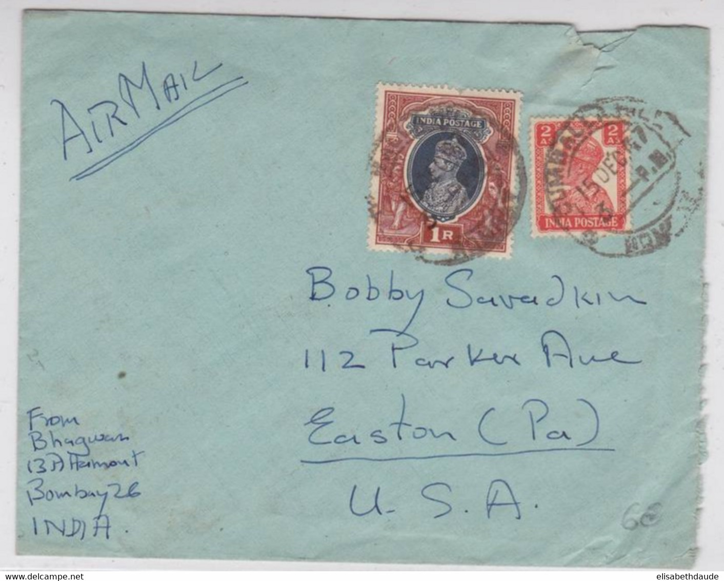 INDIA - 1947 - ENVELOPPE Par AVION De BOMBAY Pour EASTON (USA) - - 1936-47 Roi Georges VI