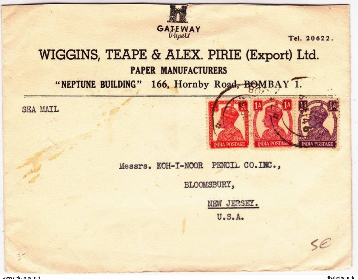 INDIA - 1946 - ENVELOPPE COMMERCIALE Par MER De BOMBAY Pour NEW JERSEY (USA) - - 1936-47 Koning George VI