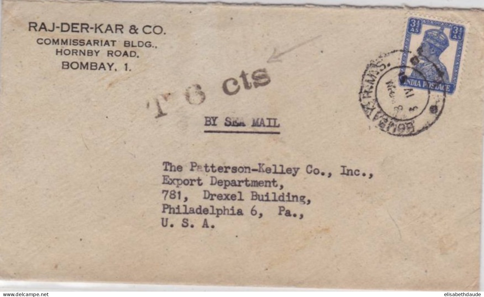 INDIA - 1951 - TAXE De 6 CTS / ENVELOPPE COMMERCIALE De BOMBAY Pour PHILADELPHIA (USA) - - 1936-47 King George VI