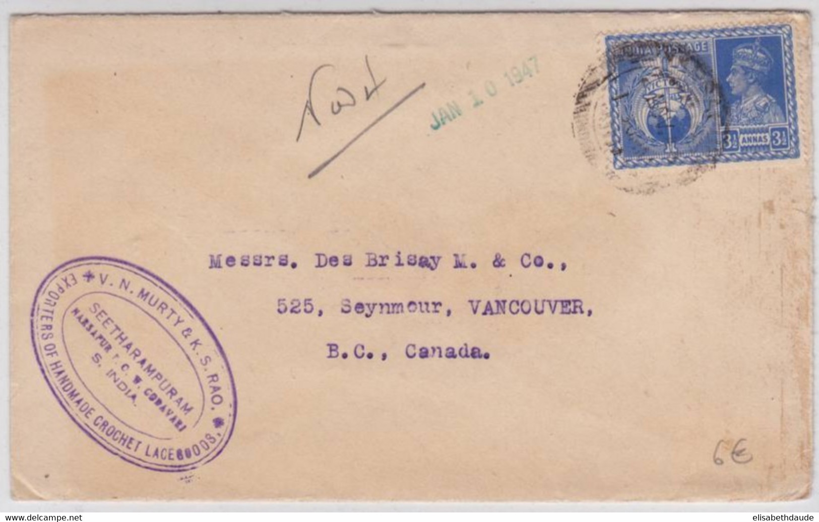 INDIA - 1946 - ENVELOPPE COMMERCIALE De SEETHARAMPURAM Pour VANCOUVER (CANADA) - 1936-47 Roi Georges VI