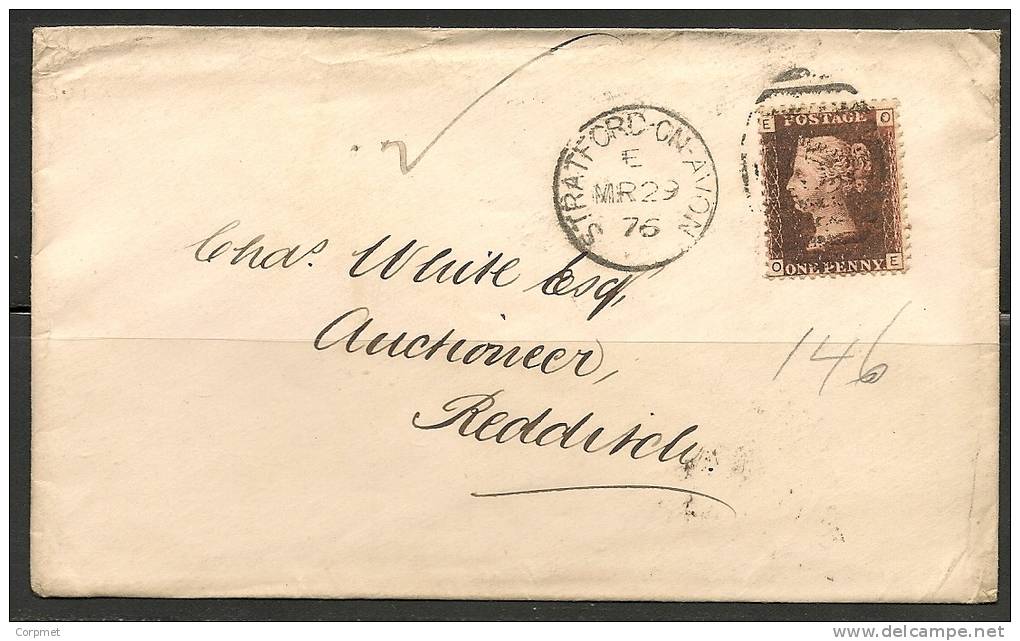 UK - 1876 COVER From STRATFORD-ON-AVON  To REDDITCH  (recepetion At Back) 1d  (dark Red) Plate 146 - Brieven En Documenten