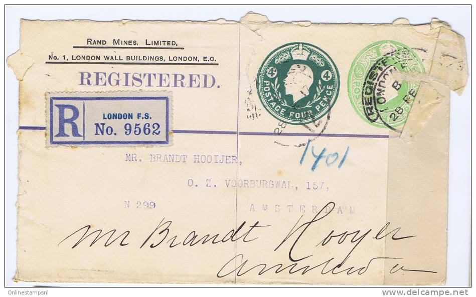 UK, Registered 1917 Cover Rand Mines  London To Amsterdam Holland, 2 X Embossed 4 P + 1/2 P, Opened At Top+left RARE - Interi Postali