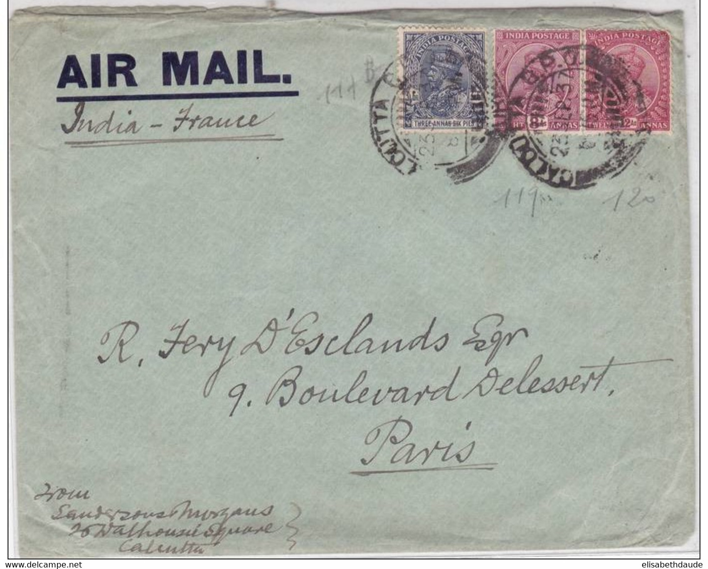 INDIA - 1937 - ENVELOPPE De CALCUTTA Pour PARIS Par POSTE AERIENNE (AIR MAIL) - 1911-35  George V