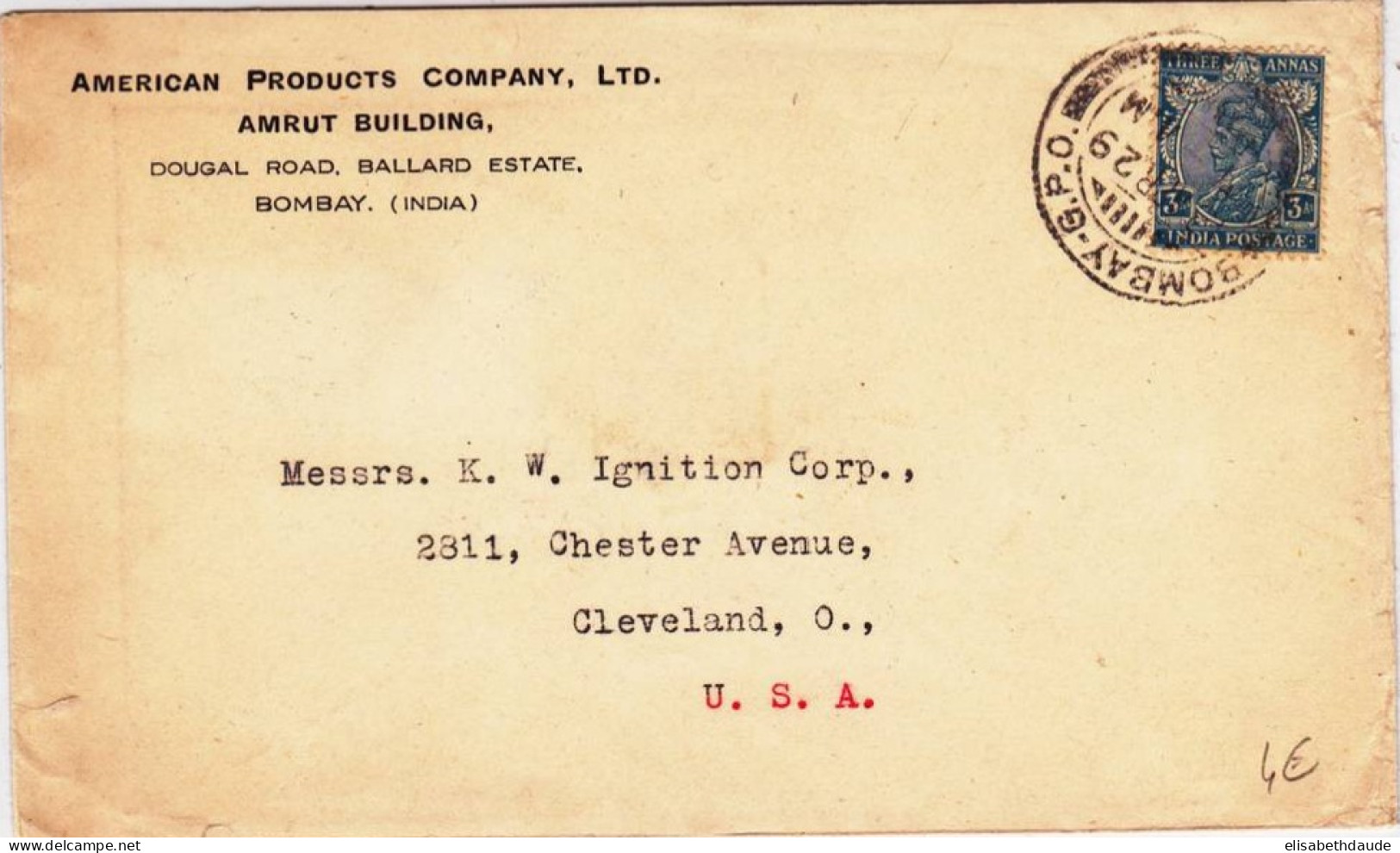 INDIA - 1929 - ENVELOPPE COMMERCIALE De BOMBAY G.P.O Pour CLEVELAND (USA) - 1911-35 King George V