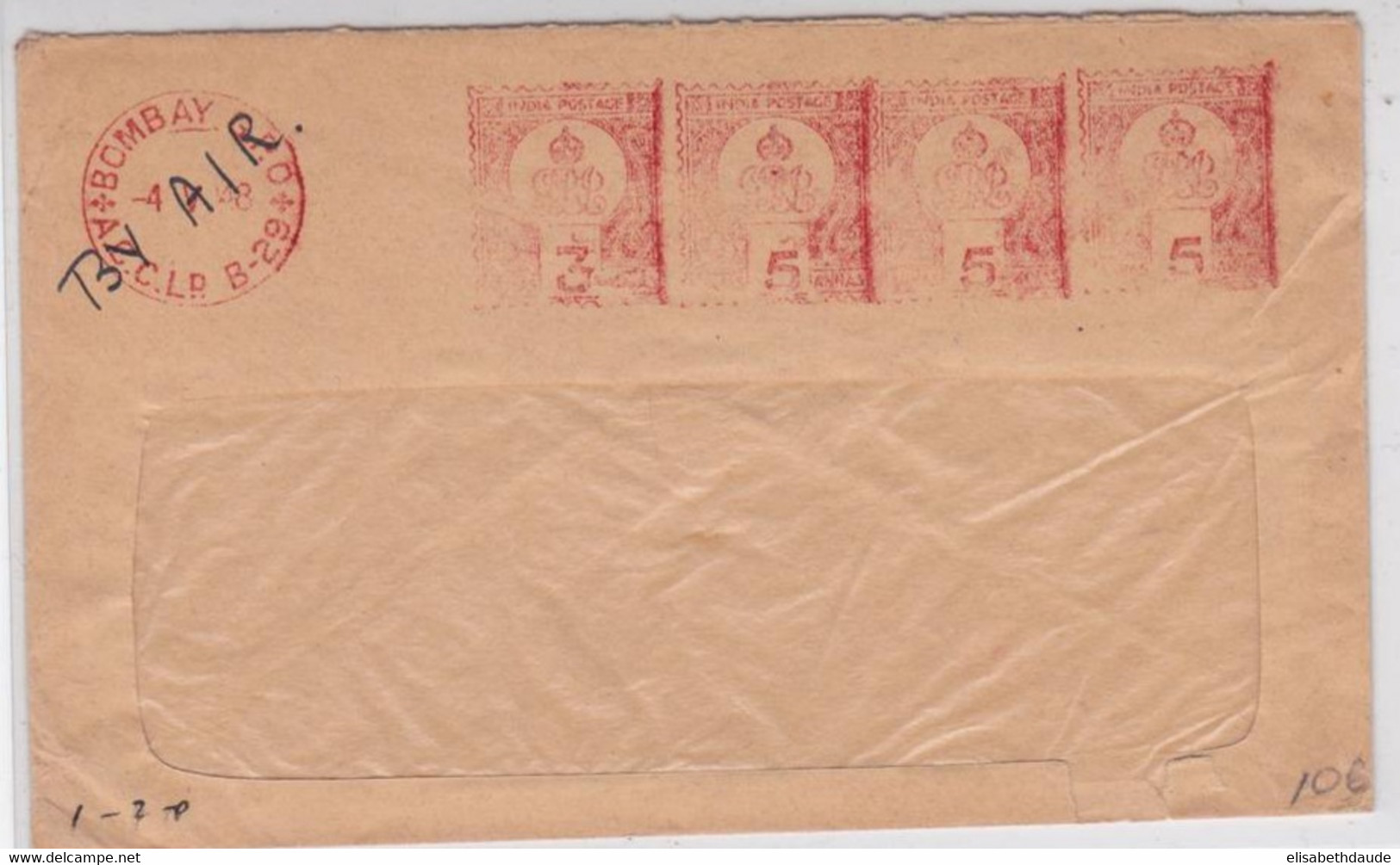 INDIA - 1948 - ENVELOPPE COMMERCIALE De BOMBAY G.P.O Pour Avec OBLITERATION MACHINE EMA - 1936-47 Koning George VI