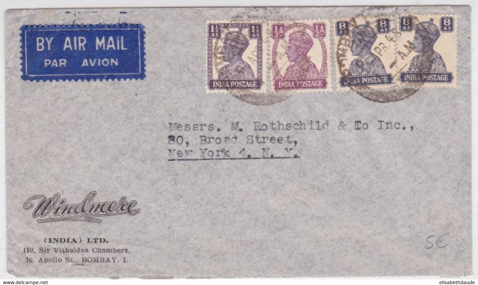 INDIA - 1948 - ENVELOPPE COMMERCIALE Par AVION De BOMBAY Pour NEW YORK (USA) - Storia Postale