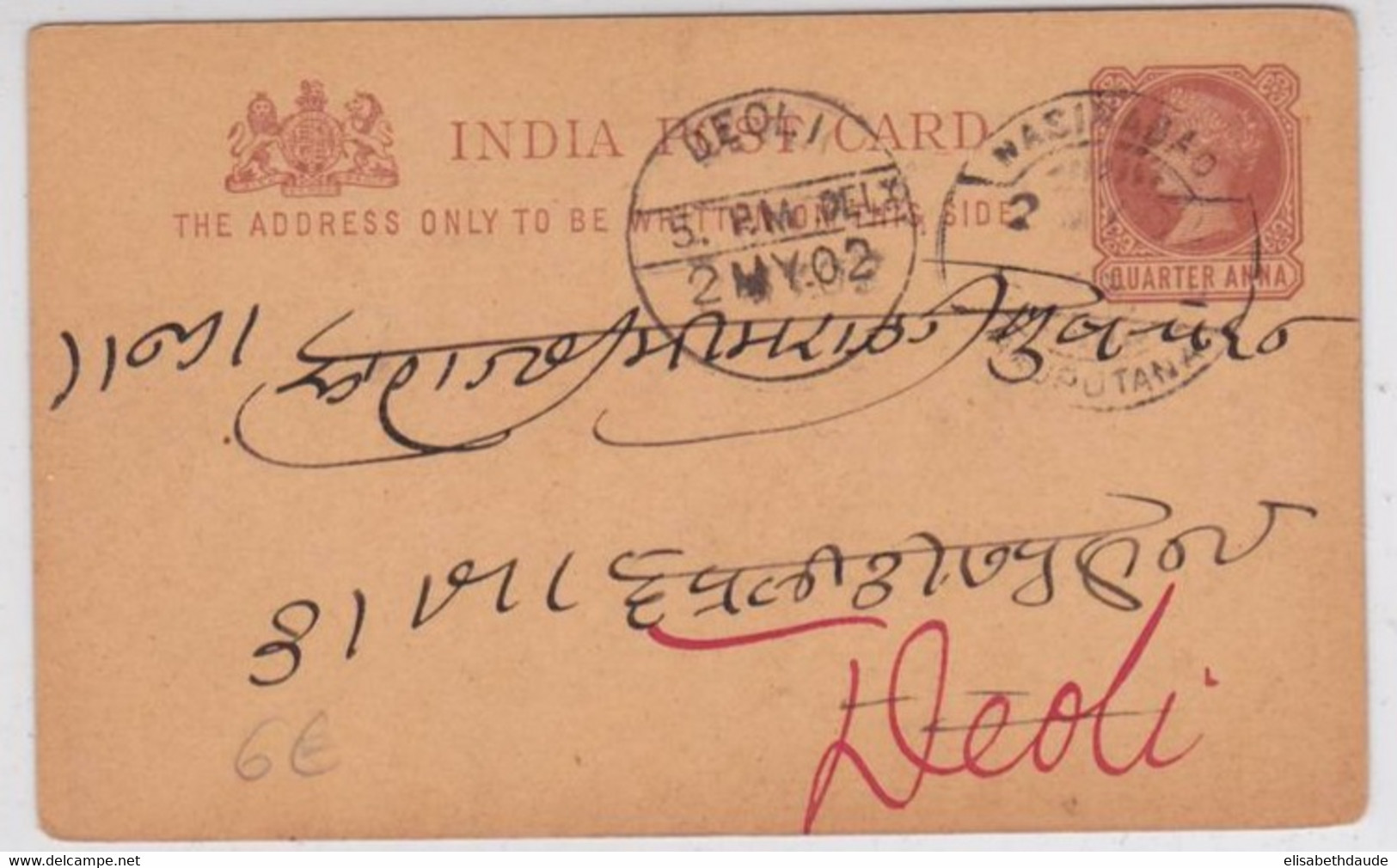 INDIA - 1902 - ENTIER POSTAL - CARTE POSTALE De NASIRABAD Pour DEOLI - 1882-1901 Imperium
