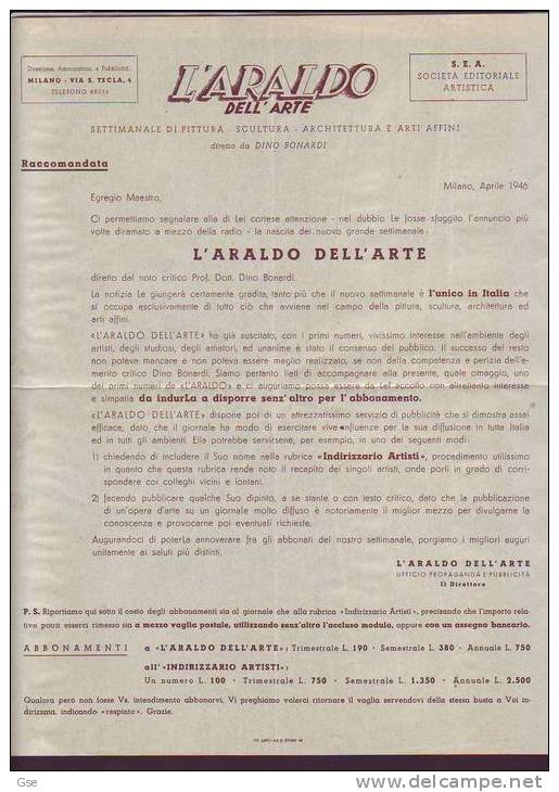 L'ARALDO DELL'ARTE - 1946 - Circolare Abbonamenti - Art, Design, Decoration