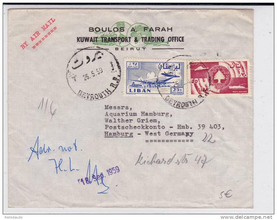 LIBAN - 1959 - ENVELOPPE COMMERCIALE Par AVION De BEYROUTH  Pour HAMBURG - Liban