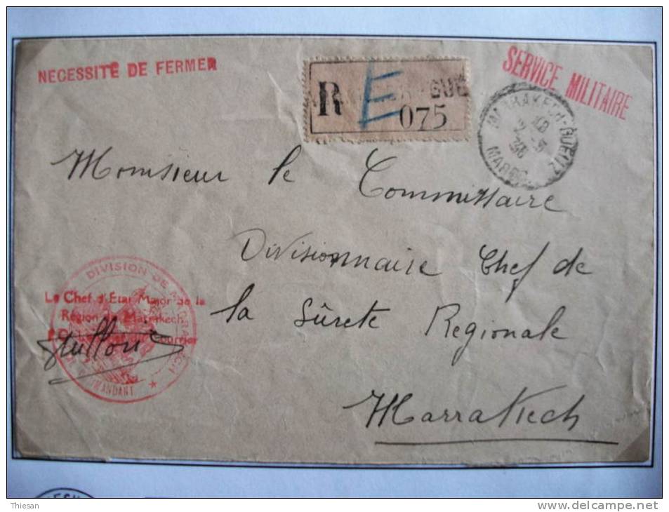 Maroc Lettre Franchise Militaire Marrakech 1936 Général Commandant La Division De Marrakech. - Lettres & Documents