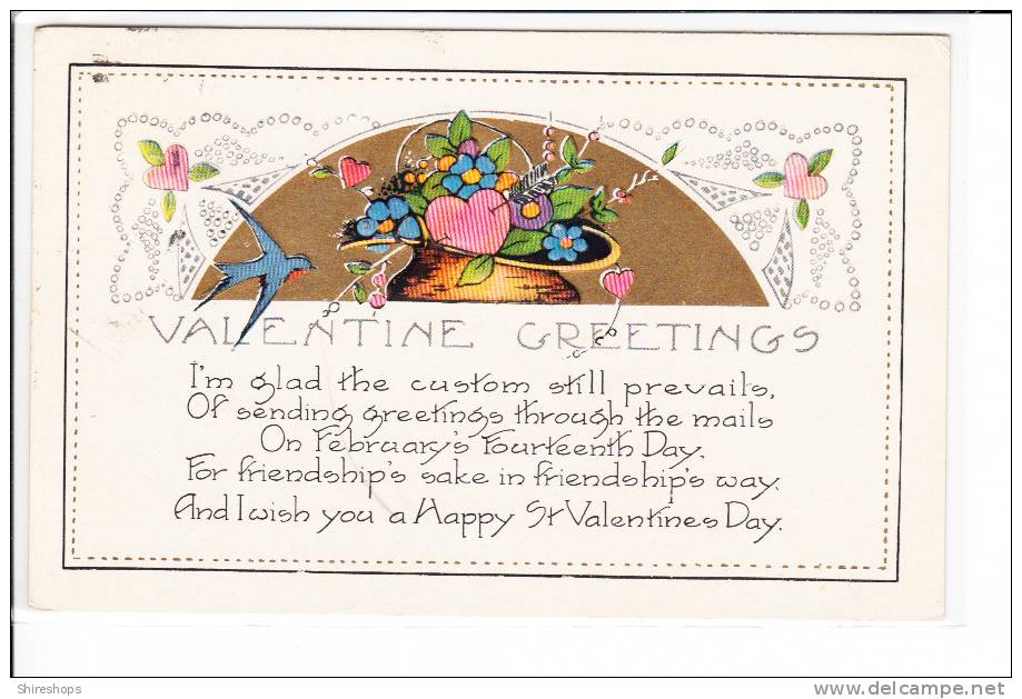 Embossed Valentine Greeting Blue Bird Pink Hearts 1923 - Valentijnsdag