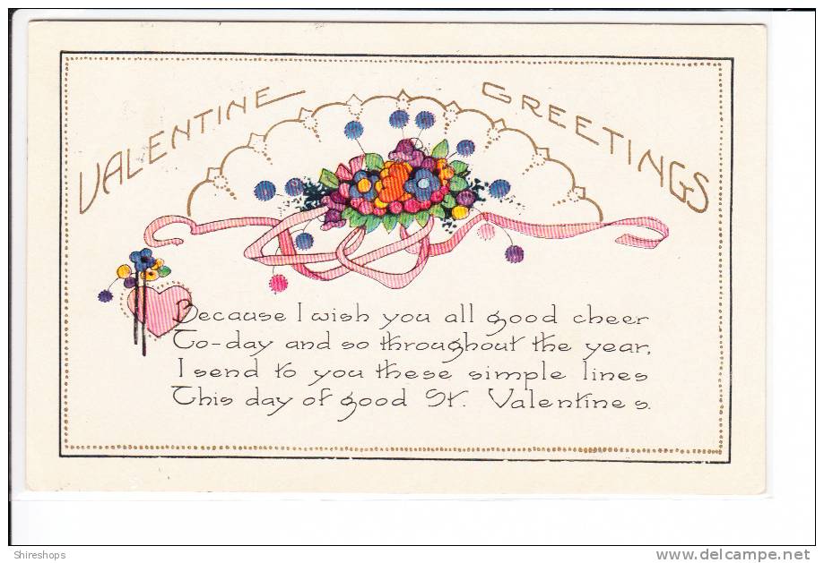Embossed Valentine Greeting Pink Heart And Ribbon 1923 - Saint-Valentin