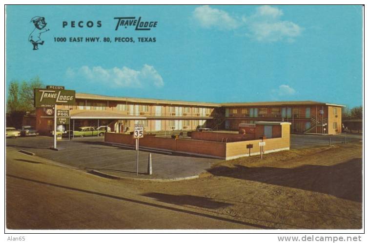 Pecos TX Texas, TraveLodge Motel, Autos, On C1950s/60s Vintage Postcard - Other & Unclassified