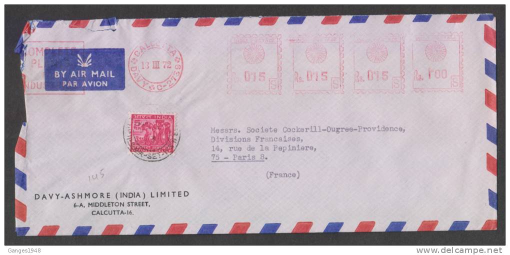 India 1972 METER  COVER TO FRANCE RRF STAMP  # 28899 Inde Indien - Covers & Documents
