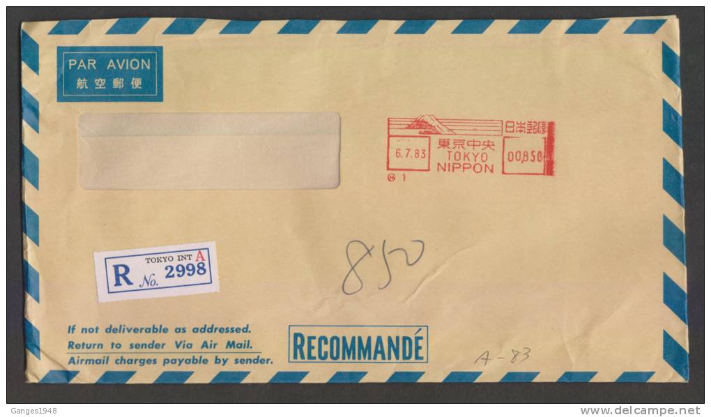 JAPAN  1983  REGISTERED METER COVER # 28898 - Brieven En Documenten