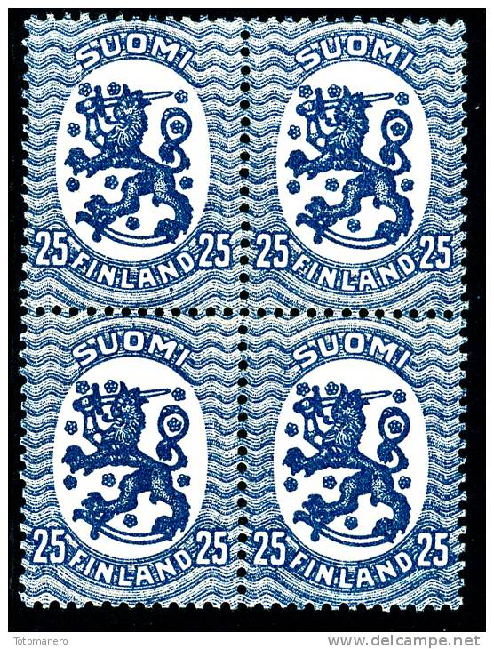 FINLAND/Finnland 1917,  "M-17" Saarinen Lion 25p Blue Without Watermark, Perf 14x14¼  Block Of 4** MNH - Ongebruikt