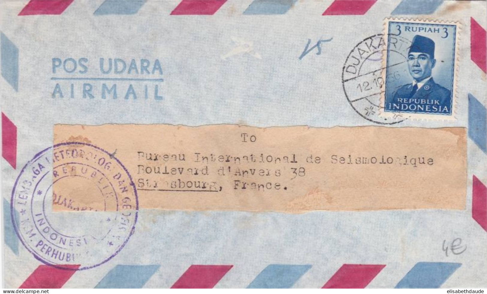 INDONESIE - 1956 - ENVELOPPE Par AVION De DJAKARTA Pour STRASBOURG - Indonesia