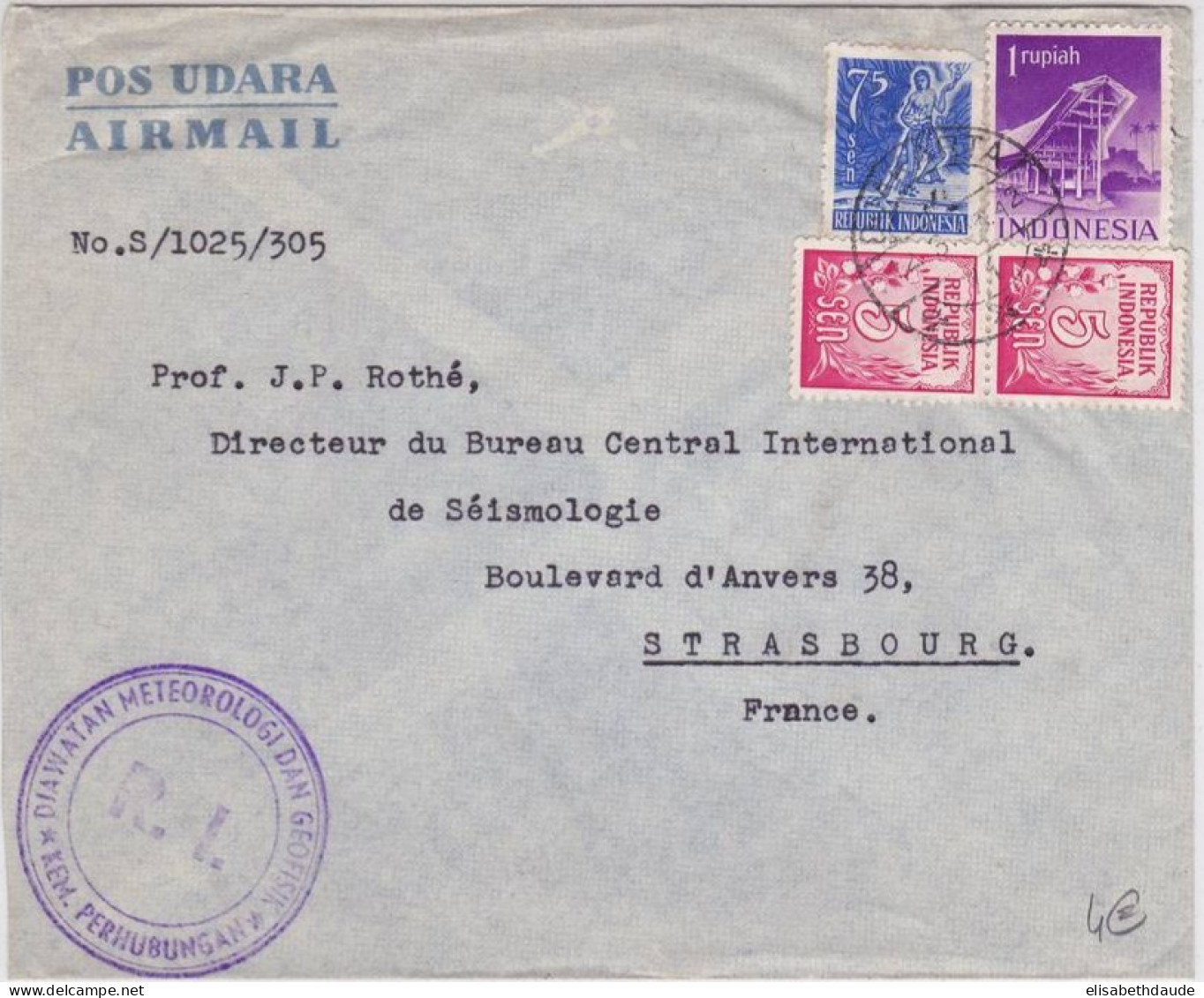 INDONESIE - 1956 - ENVELOPPE Par AVION De DJAKARTA Pour STRASBOURG - Indonesia