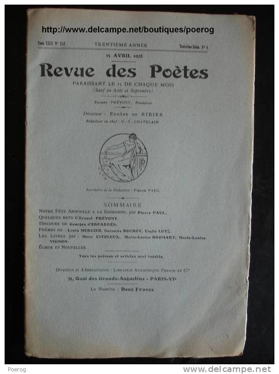 REVUE DES POETES - 15 AVRIL 1928 - PIERRE PAUL ERNEST PREVOST GEORGES D'ESPARBES LOUIS MERCIER SUZANNE BUCHOT EMILE LUTZ - Autres & Non Classés