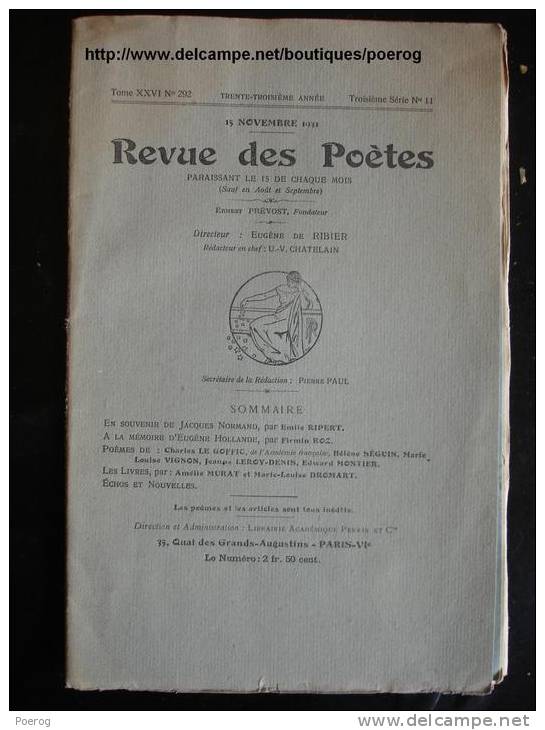 REVUE DES POETES 15 NOVEMBRE 1928 JACQUES NORMAND EMILE RIPERT EUGENE HOLLANDE FIRMIN ROZ LE GOFFIC MARIE LOUISE VIGNON - Autres & Non Classés