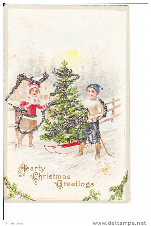 Embossed Christmas Greetings Boy Child Girl Christmas Tree Sled Glitter - Autres & Non Classés