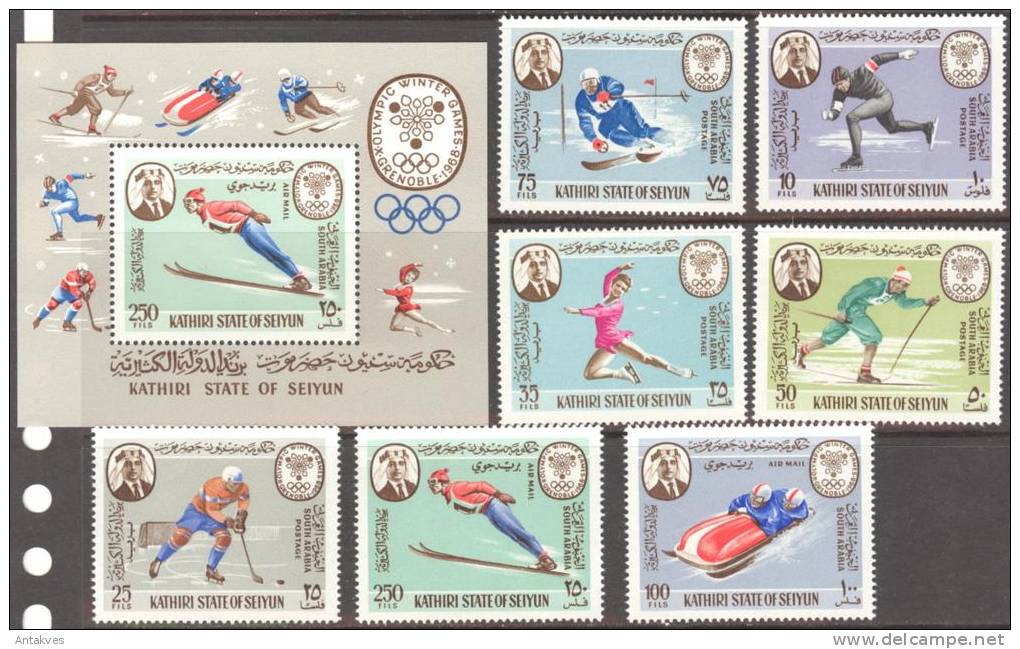 South Arabia Kathiri St. Of Seiyun Winter Olympic Games Grenoble 1968 Set Of 8 + Block MNH - Invierno 1968: Grenoble