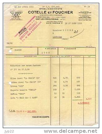 Facture Cotelle & Foucher Issy Les Moulineaux Du 27-03-1958 Pour Mr Dupré Lectoure - Produits Chimiques Lacroix Mir Crio - Drogerie & Parfümerie