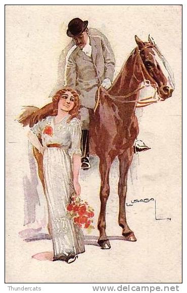 ILLUSTRATEUR USABAL COUPLE HOMME FEMME CHEVAL ** ARTIST SIGNED HORSE LADY COUPLE MALE - Usabal