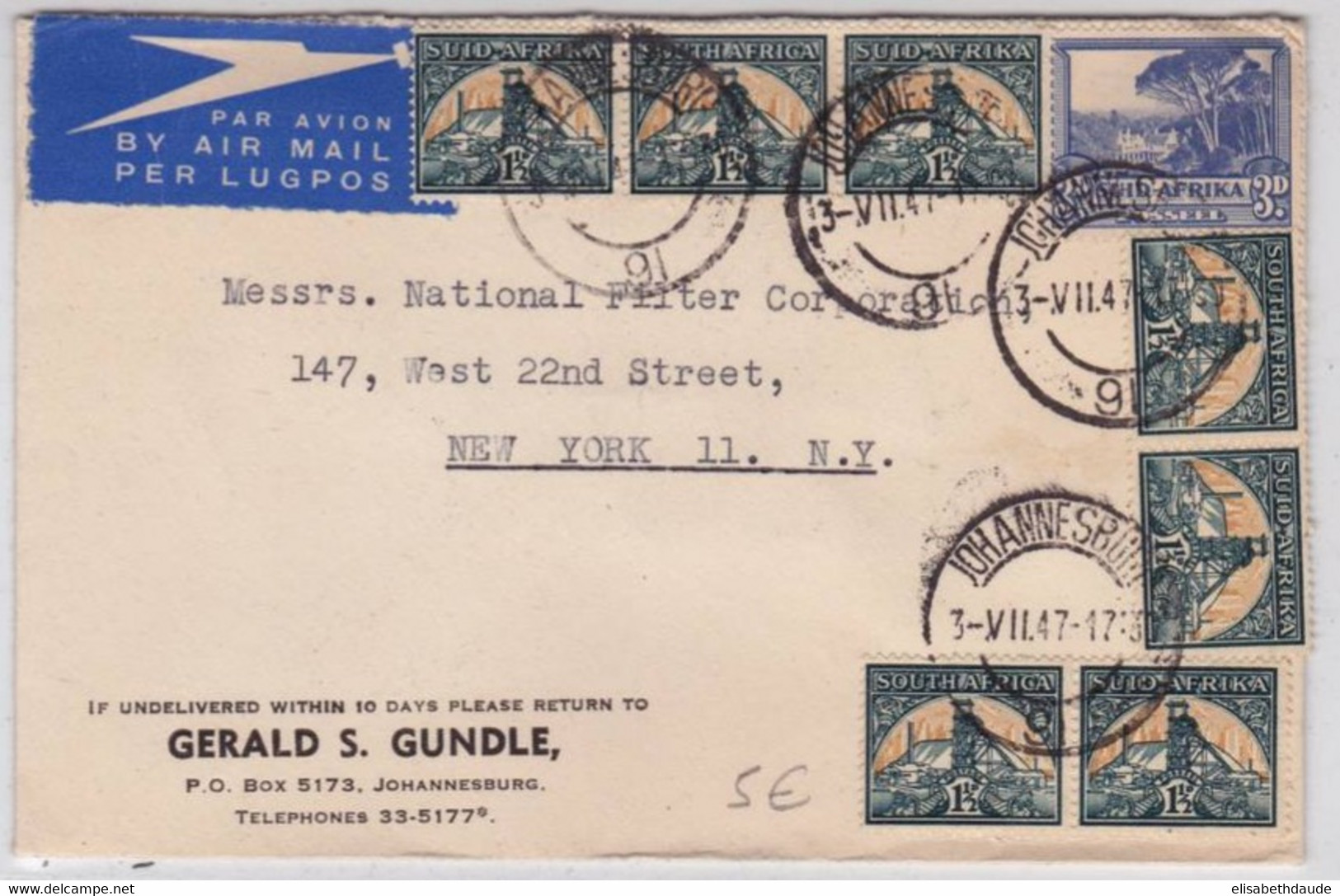 AFRIQUE Du SUD - 1947 - ENVELOPPE COMMERCIALE Par AVION De JOHANNESBURG Pour NEW YORK (USA) - Covers & Documents