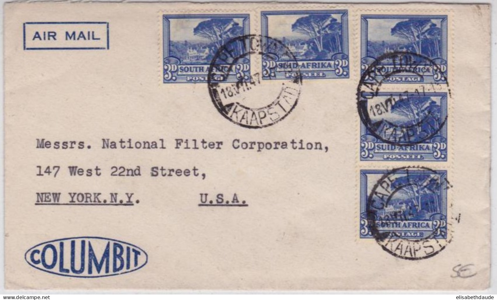 AFRIQUE Du SUD - 1947 - ENVELOPPE COMMERCIALE Par AVION De CAPE TOWN Pour NEW YORK (USA) - Lettres & Documents