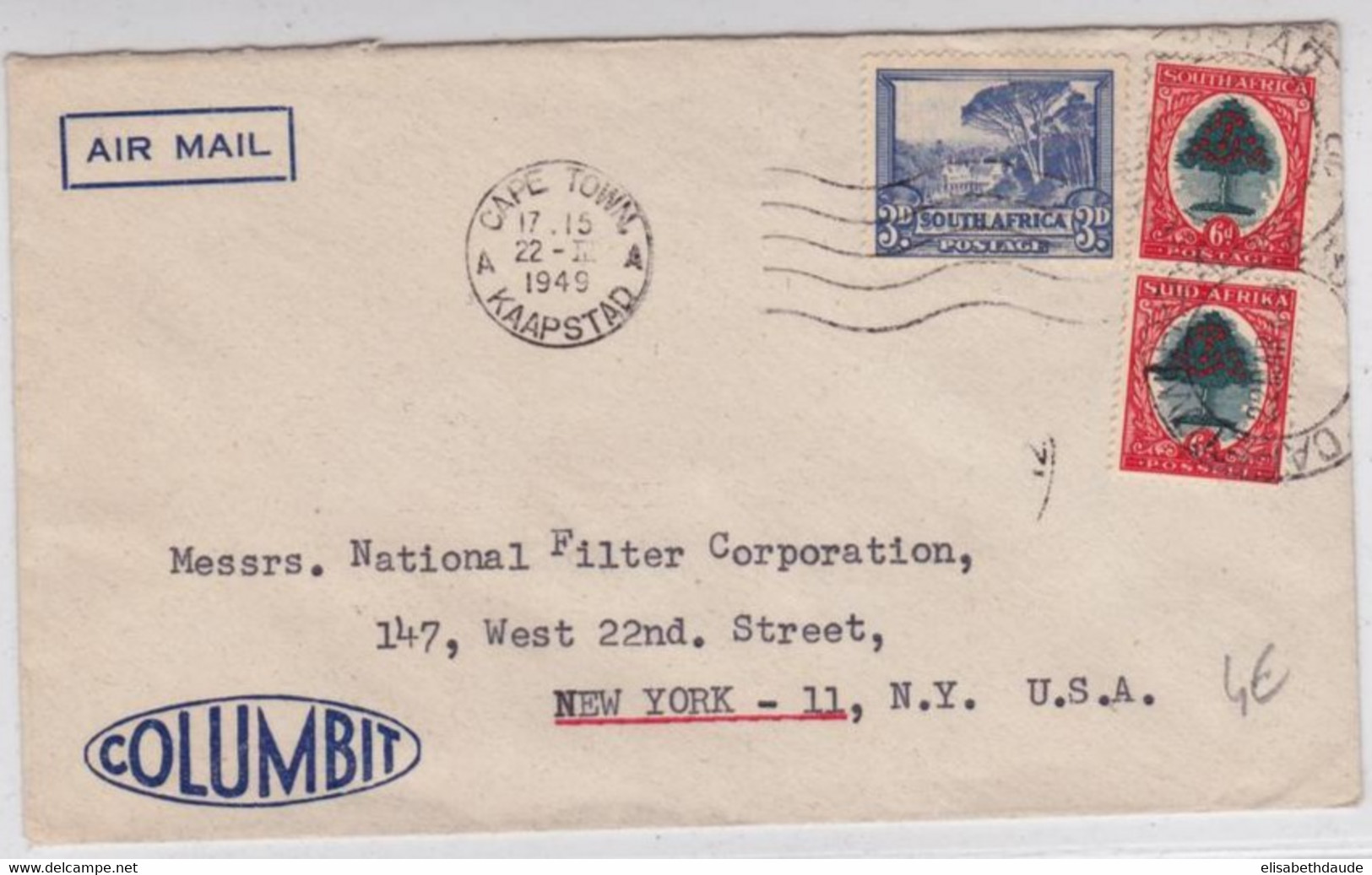 AFRIQUE Du SUD - 1949 - ENVELOPPE COMMERCIALE Par AVION De CAPE TOWN Pour NEW YORK (USA) - Storia Postale