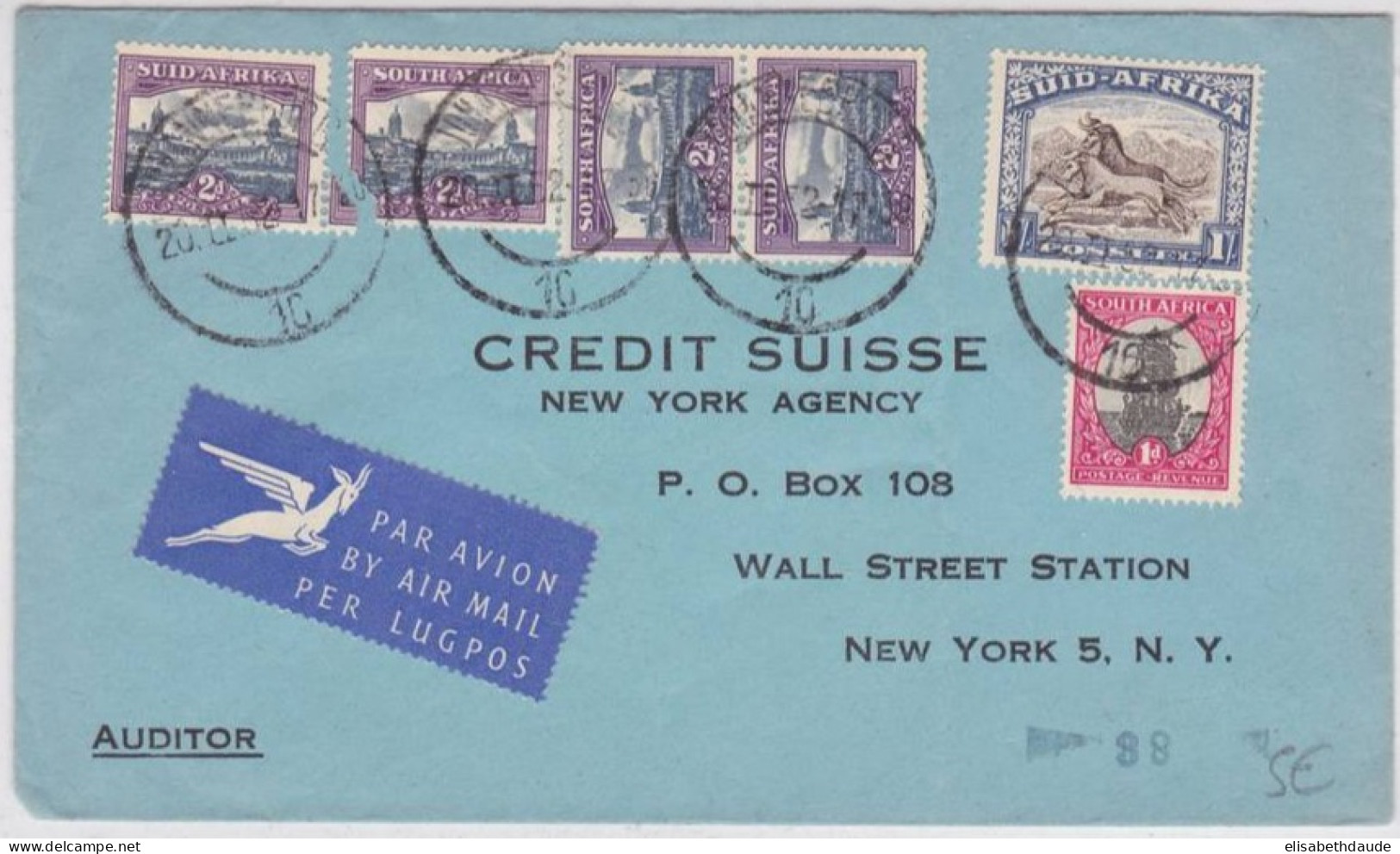 AFRIQUE Du SUD - 1952 - ENVELOPPE COMMERCIALE Par AVION De JOHANNESBURG Pour NEW YORK (USA) - CREDIT SUISSE - Briefe U. Dokumente